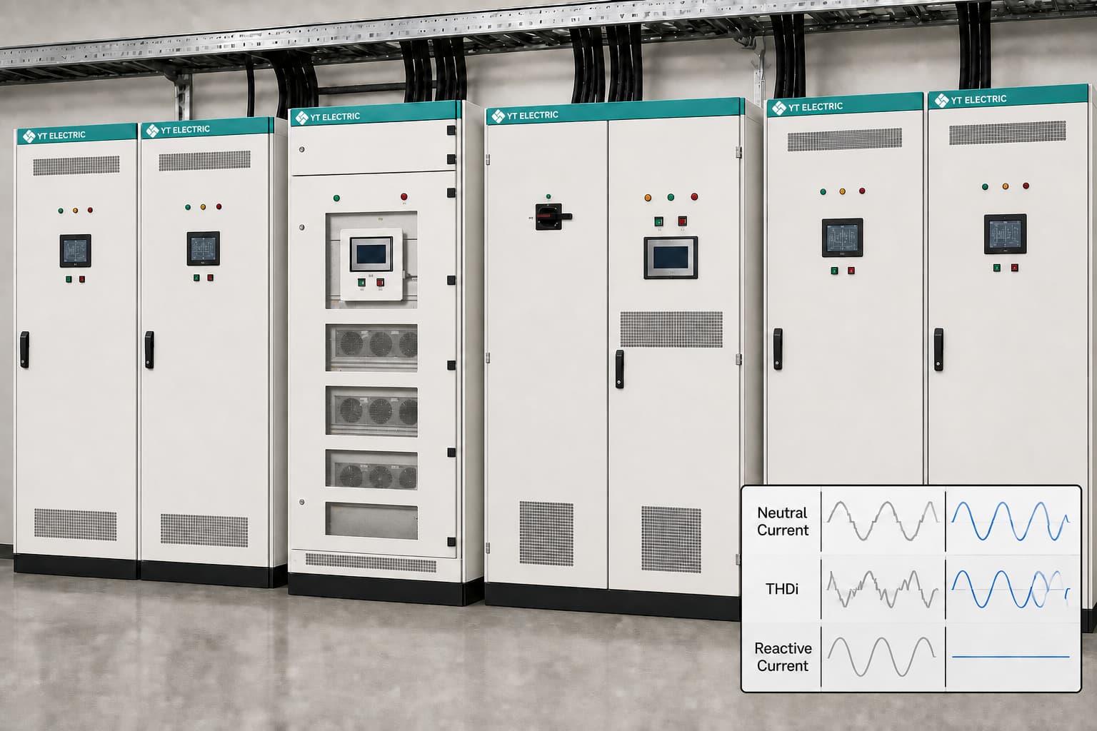 Active harmonic filter for industrial THDi correction with SVG reactive power compensation at a 480V VFD distribution bus